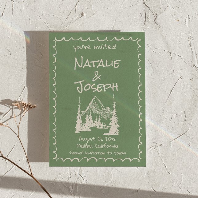 Reserve A Data Casamento de Diversão de Creme Verde Desenhado à M (Criador carregado)