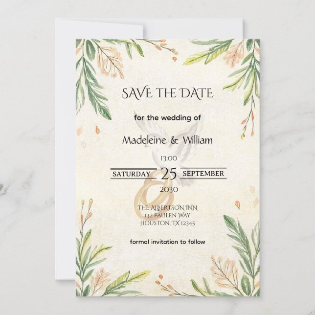 Reserve A Data Casamento de Dove e Anéis Botânicos Elegantes (Frente)