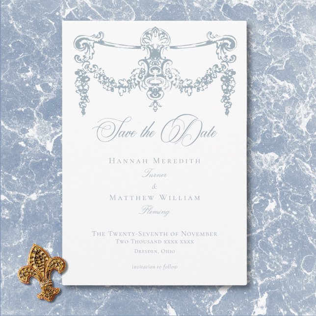 Reserve A Data Casamento de Elegante Dusty Blue Chinoiserie Cheru (Elegant Dusty Blue Chinoiserie Cherub Wedding Save The Date)