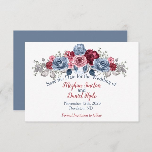 Reserve A Data Casamento de Elegante Dusty Blue e Borgonha (Frente/Verso)
