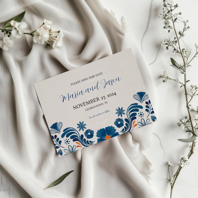 Reserve A Data Casamento de Elegante Fiesta Floral Azul Mexicano (Mexican Blue Orange Floral Elegant Fiesta Wedding Save The Date)