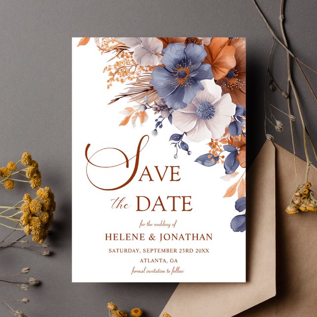 Reserve A Data Casamento de Elegante Floral Dusty Blue Terracotta (Elegant Floral Dusty Blue Terracotta Wedding Save The Date)