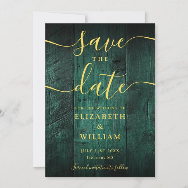 Reserve A Data Casamento de Emerald Green Rustic Barn Wood Boho (Frente)