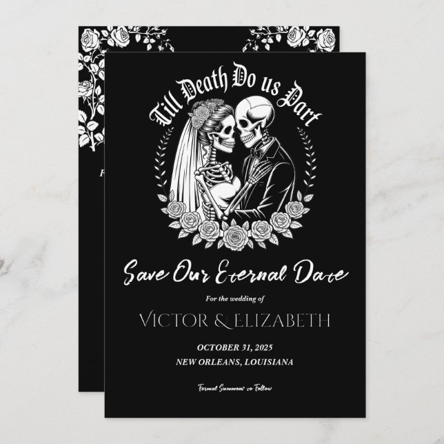 Reserve A Data Casamento de Esqueleto Negro Elegante da Morte Gót (Frente/Verso)