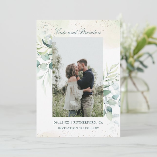 Reserve A Data Casamento de Eucalipto Rústico com Foto Elegante (Em pé/Frente)