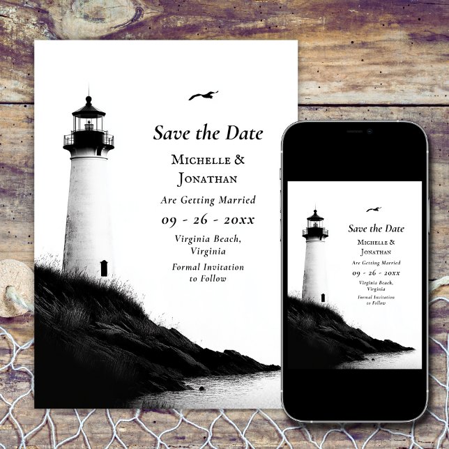 Reserve A Data Casamento de Farol Náutico de Praia Costeira (Coastal Beach Nautical Lighthouse Wedding Save The Date)