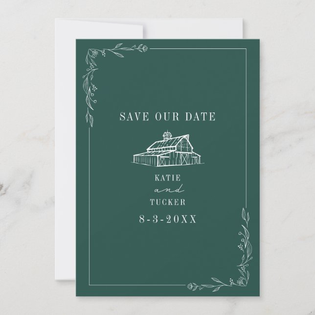 Reserve A Data Casamento de Fazenda de Line Art Barn Emerald (Frente)