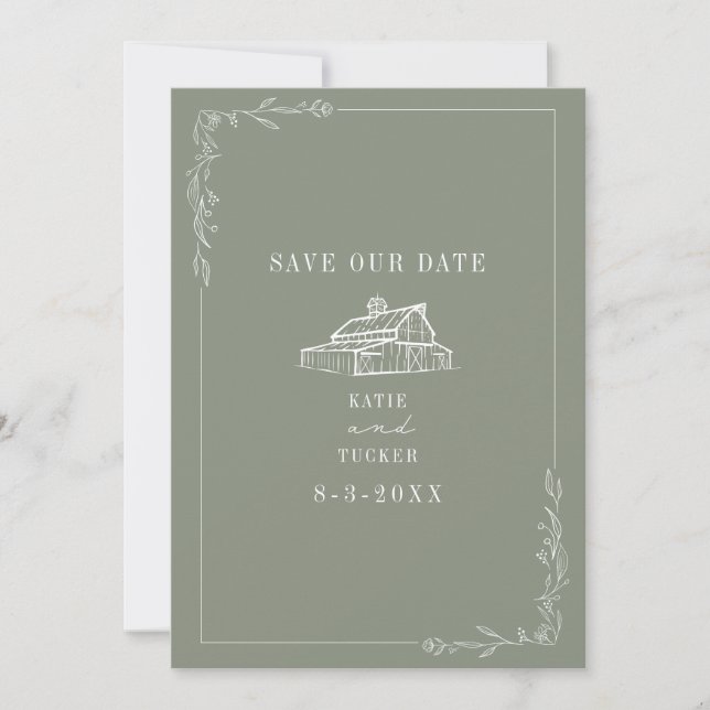 Reserve A Data Casamento de Fazendas Verde do Line Art Barn Sage (Frente)