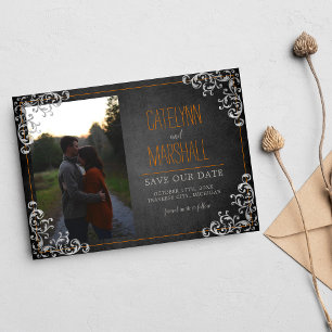 Reserve A Data Casamento de Feriado Laranja de Halloween Flourish