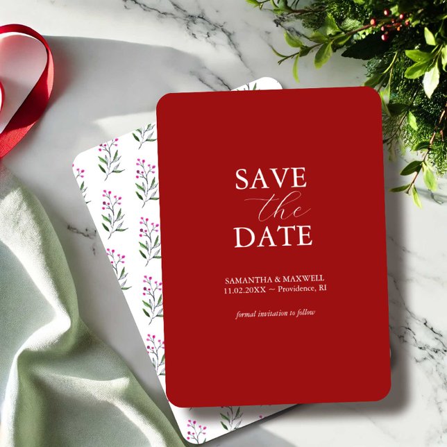 Reserve A Data Casamento de Férias Botânicas - Salve a Data (holiday wedding save the date invitations watercolor botanical pattern art by Victoria Griglaiuns)