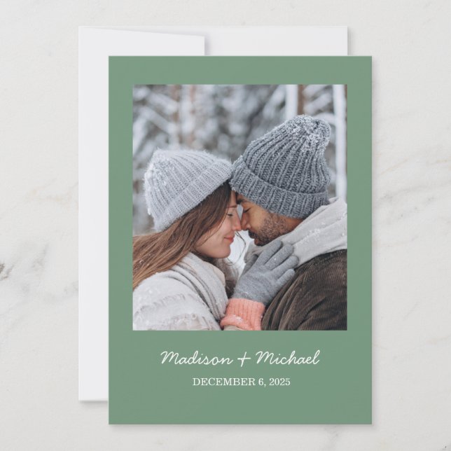 Reserve A Data Casamento De Ferro Botânico Elegante Verde De Inve (Frente)