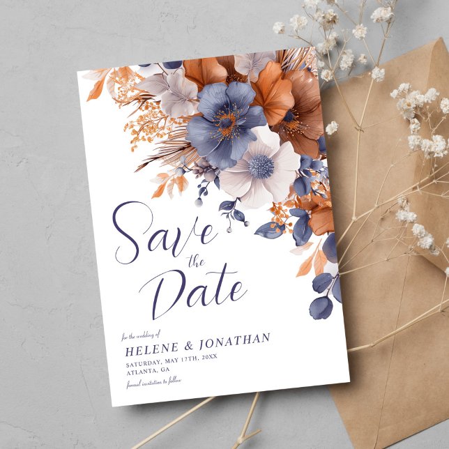Reserve A Data Casamento De Ferrugem Azul Com Derrame Floral, De  (Elegant Watercolor Floral Dusty Blue Rust Wedding Save The Date)