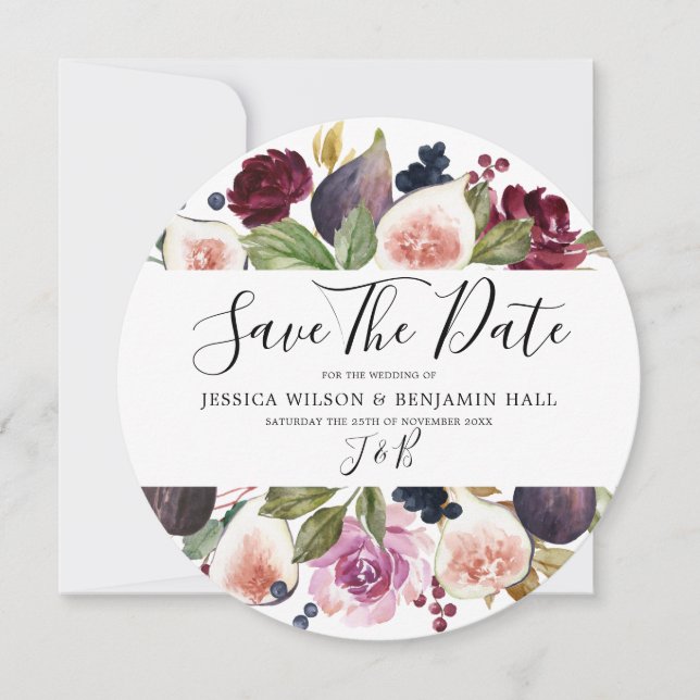 Reserve A Data Casamento de Fig Florais de Borgonha em Aquarela (Frente)