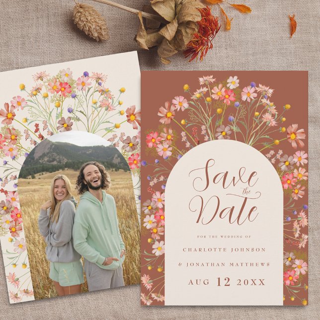 Reserve A Data Casamento de Flor Selvagem Russo com Arch Boho Fal (Arch photo boho fall rustic wildflower terracotta burnt orange & beige wedding save the date invite)
