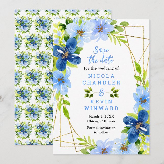 Reserve A Data Casamento de Flores Azuis e Navy com Folhagem (Frente/Verso)