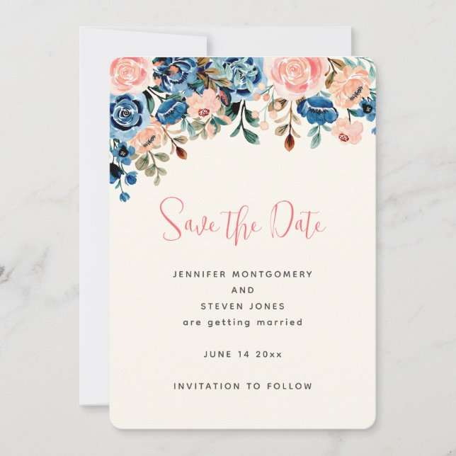 Reserve A Data Casamento de Flores de Aquarela Rosa e Azul (Frente)
