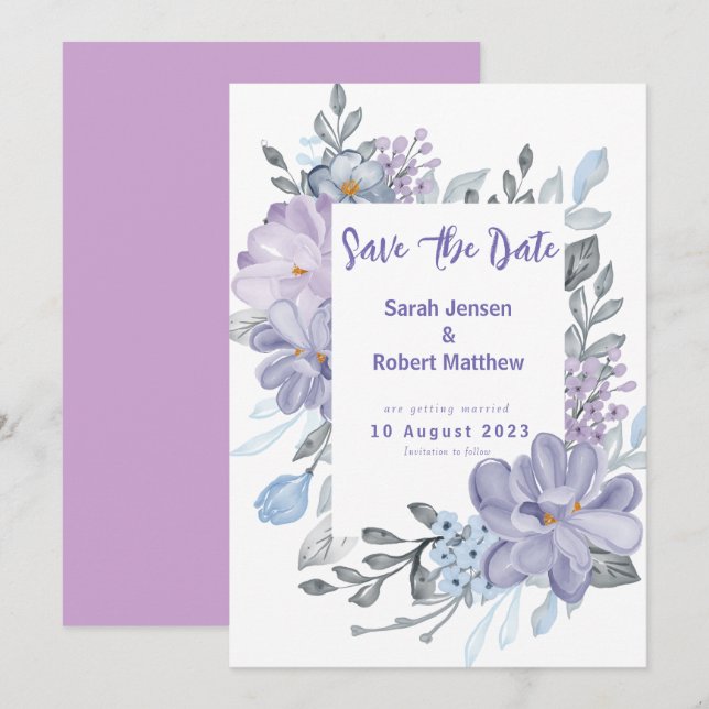 Reserve A Data Casamento de Flores de Lilás em Aquarela Roxa (Frente/Verso)