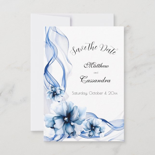 Reserve A Data Casamento de Flores de Marinho Azul Elegante Dusty (Frente)