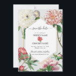 Reserve A Data Casamento de Flores de Peônias Brancas Rosa em Aqu<br><div class="desc">Um lindo desenho de casamento com peônias rosa e branco em aquarela com moldura geométrica dourada. Um design único que usa florais de peônia botânicos vintage em tons de rosa e branco. Um elegante design floral de peônias rosa e branco com um toque de verde. Um design de cartão de...</div>