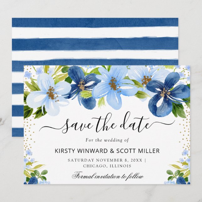 Reserve A Data Casamento de Flores de Verão Azuis e Navy (Frente/Verso)