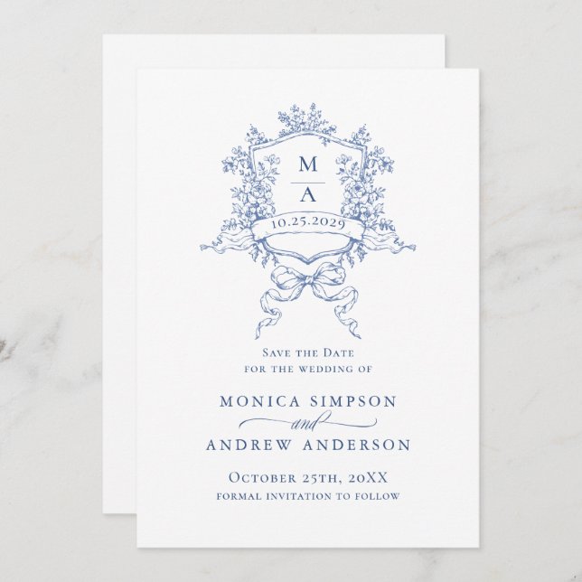 Reserve A Data Casamento de Flores do Jardim Francês Azul Elegant (Frente/Verso)