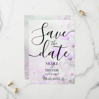 Reserve A Data Casamento de Flores Roxas Simples Personalizado