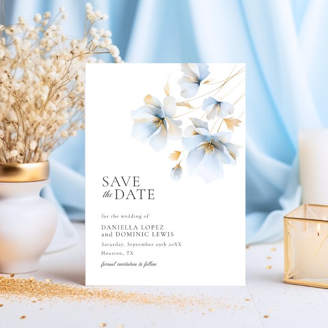 Reserve A Data Casamento de Flores Selvagens Azuis e Douradas do  (Dreamy Pastel Blue and Gold Wild Flowers Wedding Save The Date)