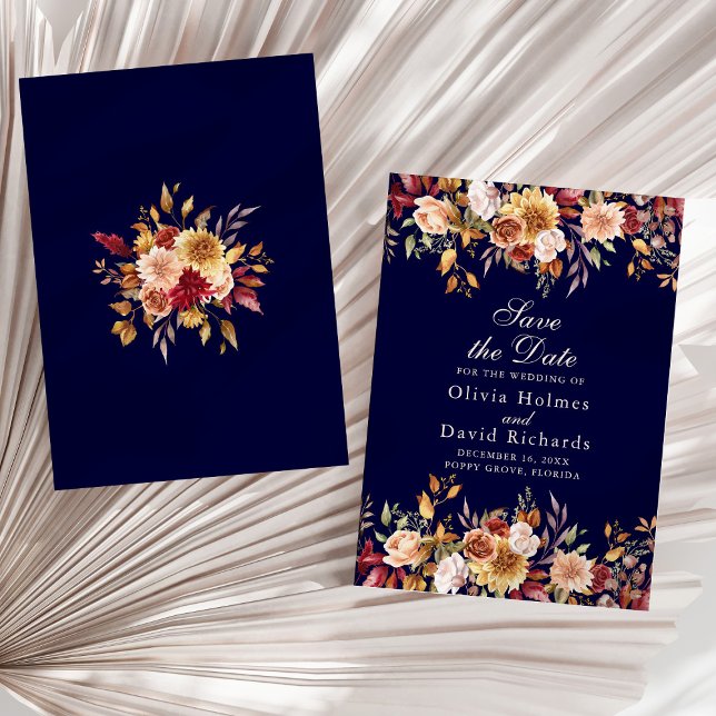 Reserve A Data Casamento de Flores Selvagens Azuis-Marinhos-Moder (Modern Navy Blue Burnt Orange Wildflowers Wedding Save The Date on a sunny neutral dry palm leaf.)