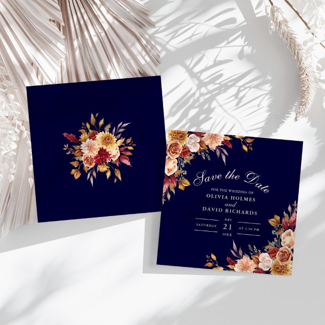 Reserve A Data Casamento de Flores Selvagens Azuis Marinhos Verme (Modern Burnt Orange Navy Blue Wildflowers Wedding Save The Date on a sunny boho white table.)