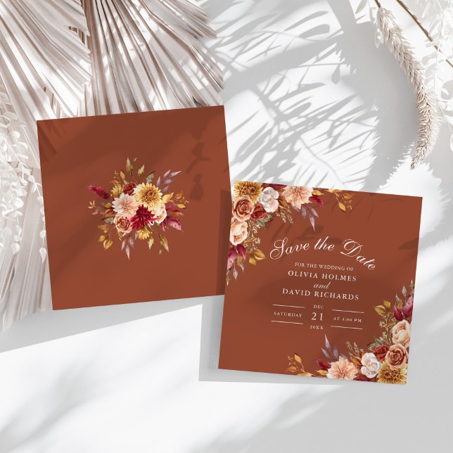 Reserve A Data Casamento de Flores Selvagens de Laranja Queimado  (Modern Burnt Orange Terracotta Wildflowers Wedding Save The Date on a sunny white table.)