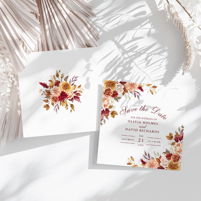 Reserve A Data Casamento de Flores Selvagens de Laranja Queimado  (Modern Burnt Orange Terracotta Wildflowers Wedding Save The Date on a sunny boho white table.)