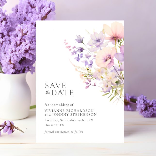 Reserve A Data Casamento de Flores Selvagens Roxas de Pastel Lava (Pastel Lavender Purple Violet Wild Flowers Wedding Save The Date)