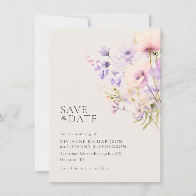 Reserve A Data Casamento de Flores Selvagens Violetas Roxas de La (Frente)
