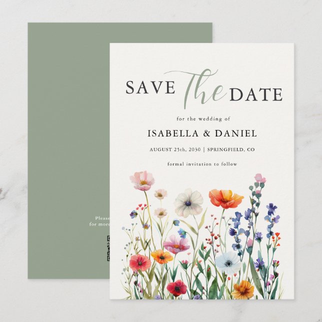 Reserve A Data Casamento de Flores Silvestres em Verde Salvia (Frente/Verso)