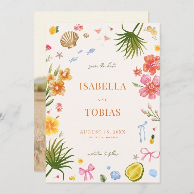 Reserve A Data Casamento de Flores Tropicais De Mão Desenhada (Frente/Verso)