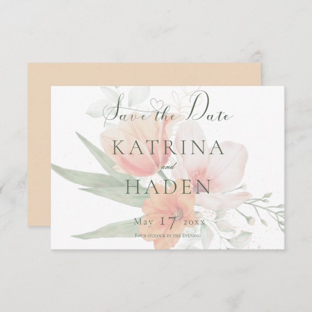 Reserve A Data Casamento de Flores Verdes Peach & Sage (Frente/Verso)