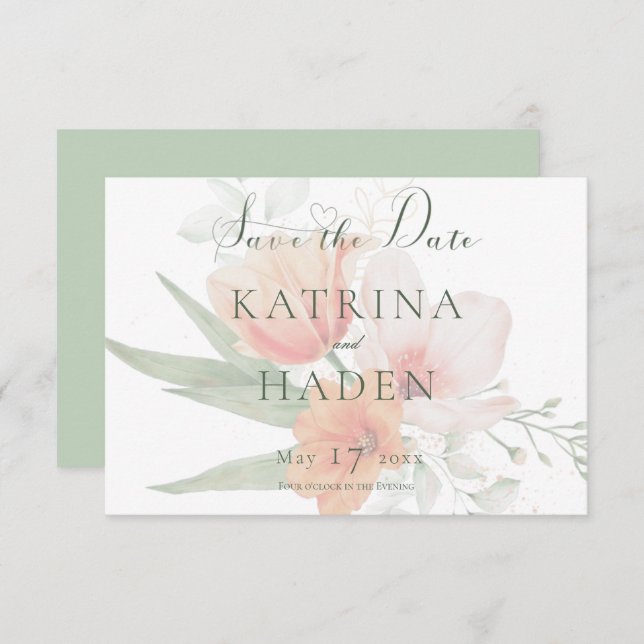 Reserve A Data Casamento de Flores Verdes Peach & Sage (Frente/Verso)