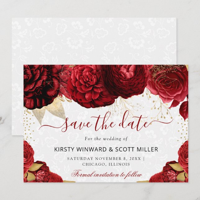Reserve A Data Casamento de Flores Vermelhas e Douradas em Aquare (Frente/Verso)