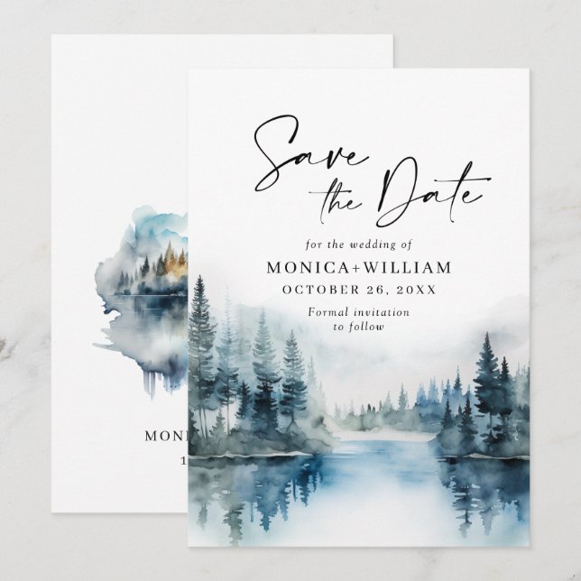 Reserve A Data Casamento de Floresta nas Montanhas Elegante de Aq (Frente/Verso)