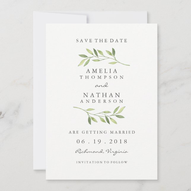 Reserve A Data Casamento de Folha Verde em Aquarela Salve a Data (Frente)