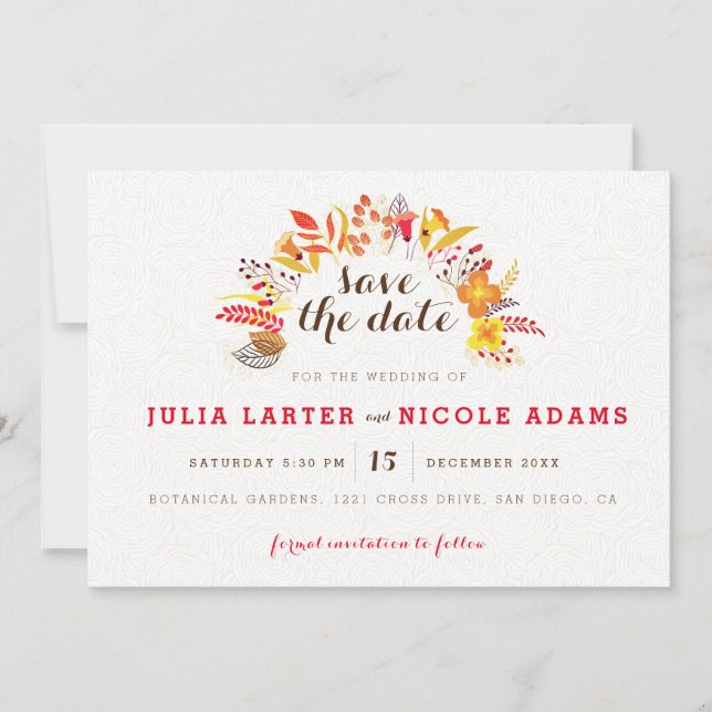 Reserve A Data Casamento de Folhagem de Flor Selvagem Roxo Orange (Frente)