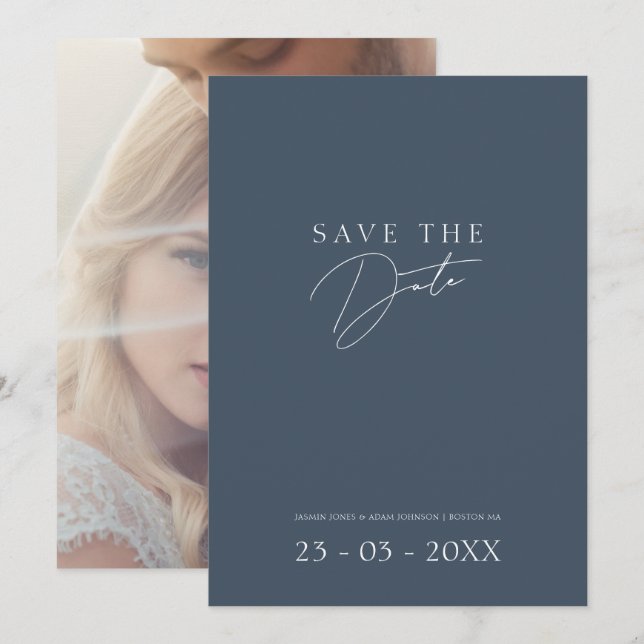 Reserve A Data Casamento de Foto Azul Ardeia com Letra Minima (Frente/Verso)