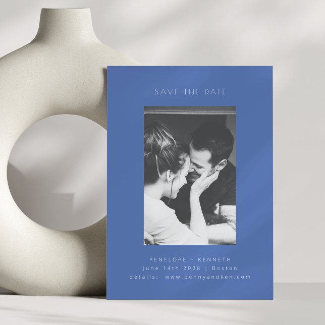 Reserve A Data Casamento de Foto Azul Cobalt Moderno Minimalista (Criador carregado)