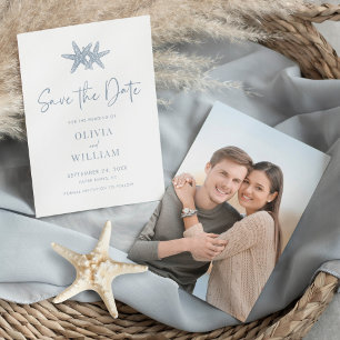 Reserve A Data Casamento de Foto Azul com Derrame de Praia Modern
