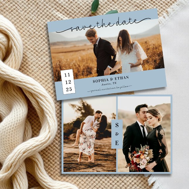 Reserve A Data Casamento de Foto Azul Dusty com Script Moderno (Criador carregado)