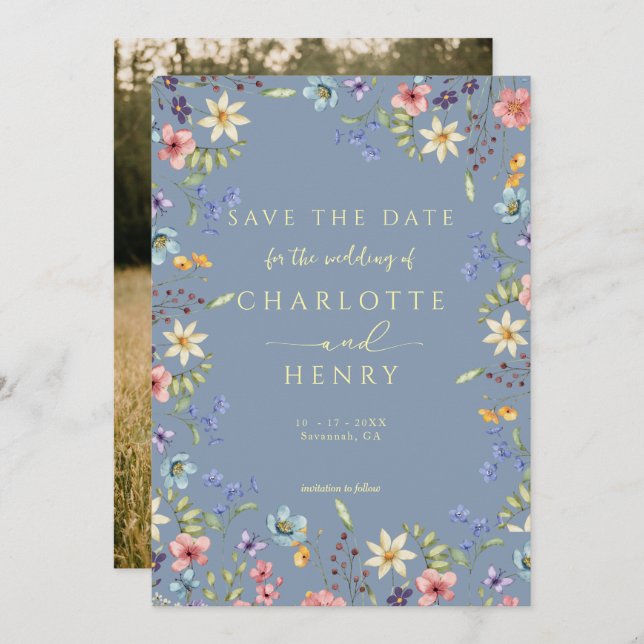 Reserve A Data Casamento de Foto Azul Empoeirado Simples Rústico (Frente/Verso)