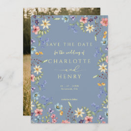 Reserve A Data Casamento de Foto Azul Rústico Simples Dusty