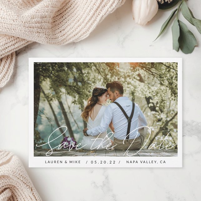 Reserve A Data Casamento de Foto com Letra à Mão Delicada (Criador carregado)