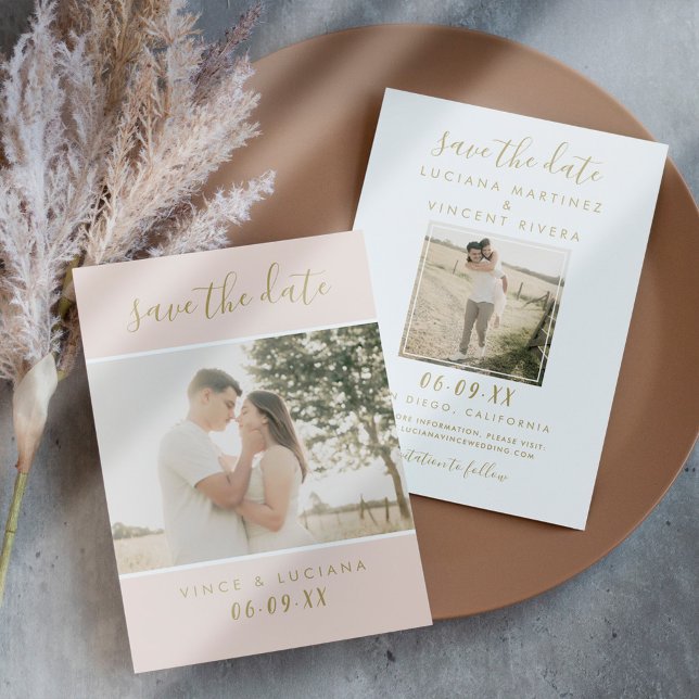 Reserve A Data Casamento de Foto com Letra Dourada Rosa Elegante (Criador carregado)