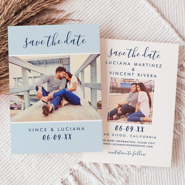 Reserve A Data Casamento de Foto com Letra Moderna em Azul Pó (Criador carregado)